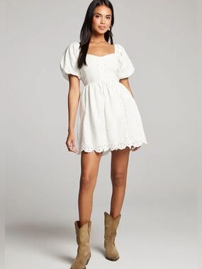 Saltwater LUXE White Eyelet Puff-Sleeve Marlo Mini Dress Size Small NWT